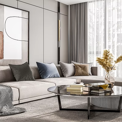 Elegant Modern Living and Dining Room Interior With Sofa Pillows Glass Coffee Table And Curtains 3d model