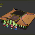 Traditional Chinese Architecture Featuring Yellow Purple Roof Curved Black Eaves Front Columns And Figures