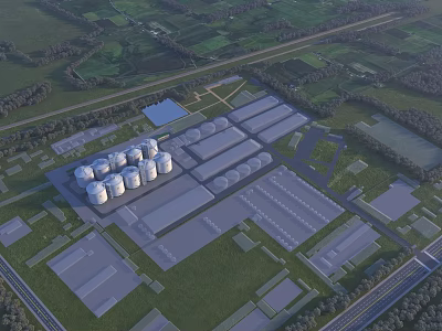 Aerial View of Modern Industrial Plant With Multiple Buildings and White Storage Tanks 3d model