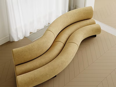 Modern Beige Curved Sectional Sofa In Living Space With Herringbone Flooring And White Curtains 3d model