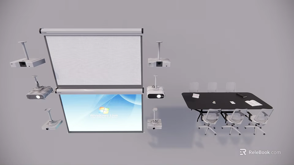 Modern Conference Room Setup With Projection Screen Projector Table And Chairs 3d model