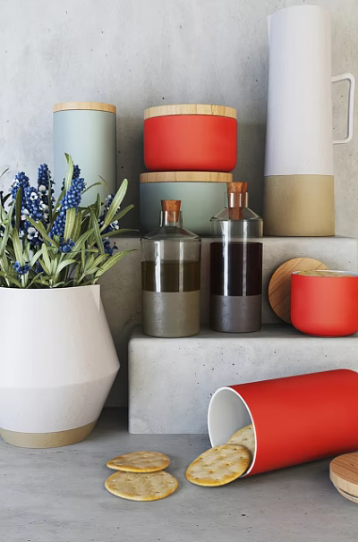 Fresh Food Arrangement In Modern Kitchen With Ceramic Containers Bread Slices And Flowers 3d model