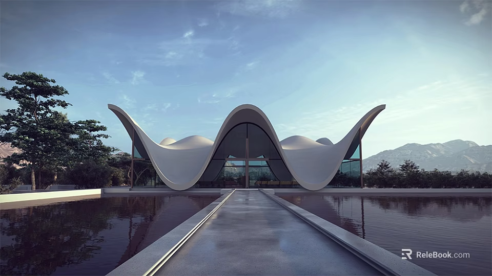 Ancient Architecture With Traditional Curved Roof Scenic Pond Walkway And Mountain Trees 3d model 
