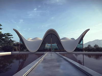 Ancient Architecture With Traditional Curved Roof Scenic Pond Walkway And Mountain Trees 3d model