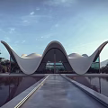 Ancient Architecture With Traditional Curved Roof Scenic Pond Walkway And Mountain Trees