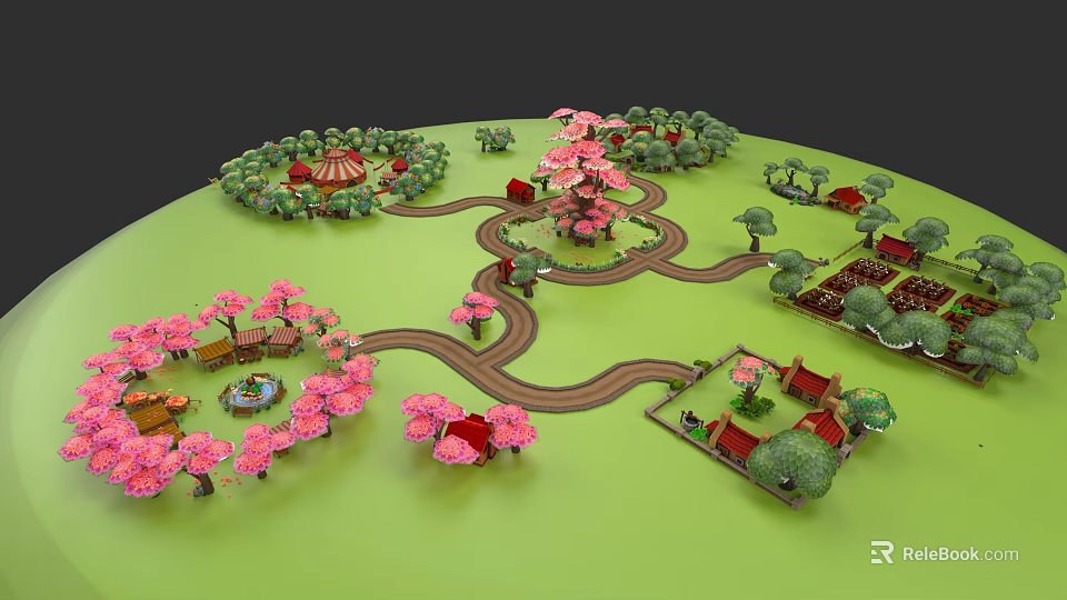Botanical Illustration of Garden Scene with Pink Cherry Blossom Trees Paths and Small Houses 3d model 