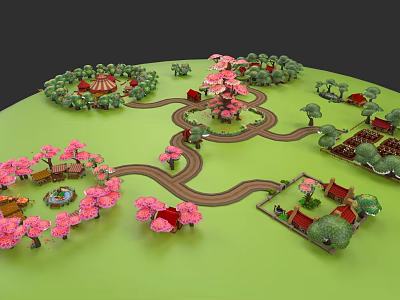 Botanical Illustration of Garden Scene with Pink Cherry Blossom Trees Paths and Small Houses 3d model
