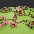Botanical Illustration of Garden Scene with Pink Cherry Blossom Trees Paths and Small Houses