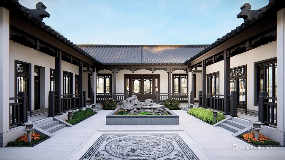 Traditional Chinese Courtyard Garden Landscape With Central Pond Rockery And Carved Floor 3d model 