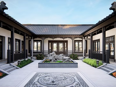 Traditional Chinese Courtyard Garden Landscape With Central Pond Rockery And Carved Floor 3d model