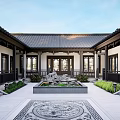 Traditional Chinese Courtyard Garden Landscape With Central Pond Rockery And Carved Floor