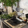 Modern Dining Table Set with Round Table Comfortable Chairs Green Plants and Wine Glasses