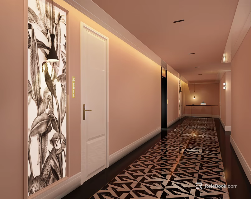 Hotel Corridor Featuring Pink Walls White Doors Decorative Painting And Black White Geometric Flooring 3d model 