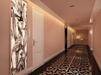 Hotel Corridor Featuring Pink Walls White Doors Decorative Painting And Black White Geometric Flooring 3d model