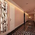 Hotel Corridor Featuring Pink Walls White Doors Decorative Painting And Black White Geometric Flooring