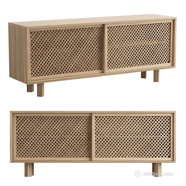 Natural Wooden TV Stand With Rattan Panel Doors And Leg Design 3d model 