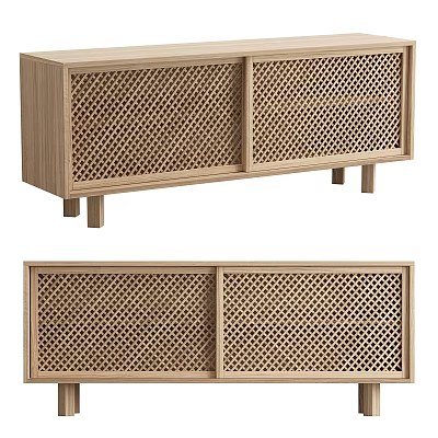 Natural Wooden TV Stand With Rattan Panel Doors And Leg Design 3d model