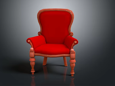 Elegant Classic Red Armchair with Wooden Frame and Ornate Carved Details 3d model