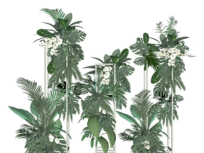 Lush Green Tropical Plants With White Orchids And Metal Frames 3d model