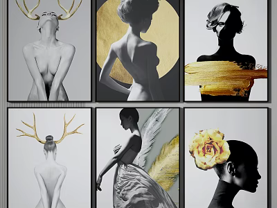 Figurative Art Collection Featuring Black White Gold Accents Deer Antlers Feather Rose 3d model