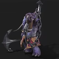 Purple Elephant Character In Decorative Armor Holding Weapon And Barrel With Chains