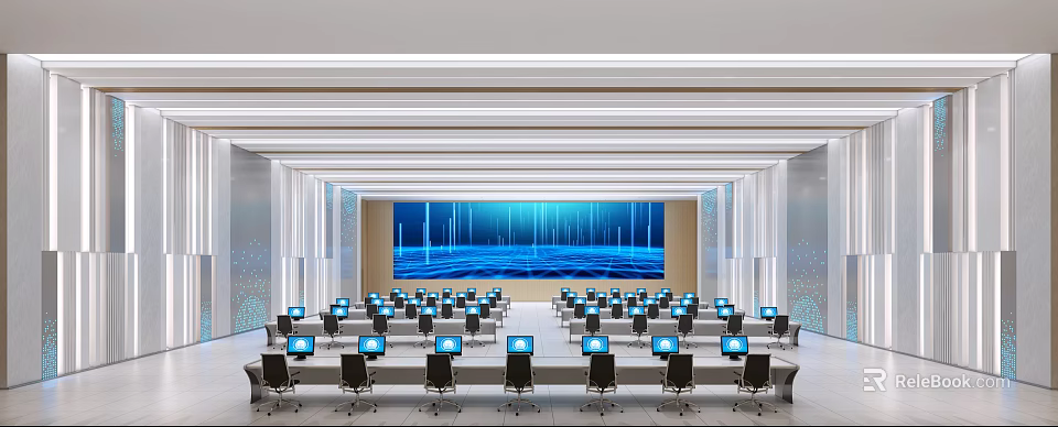 Professional Monitoring Room Interior With Large Digital Screen And Multiple Workstations 3d model 