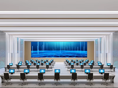 Professional Monitoring Room Interior With Large Digital Screen And Multiple Workstations 3d model