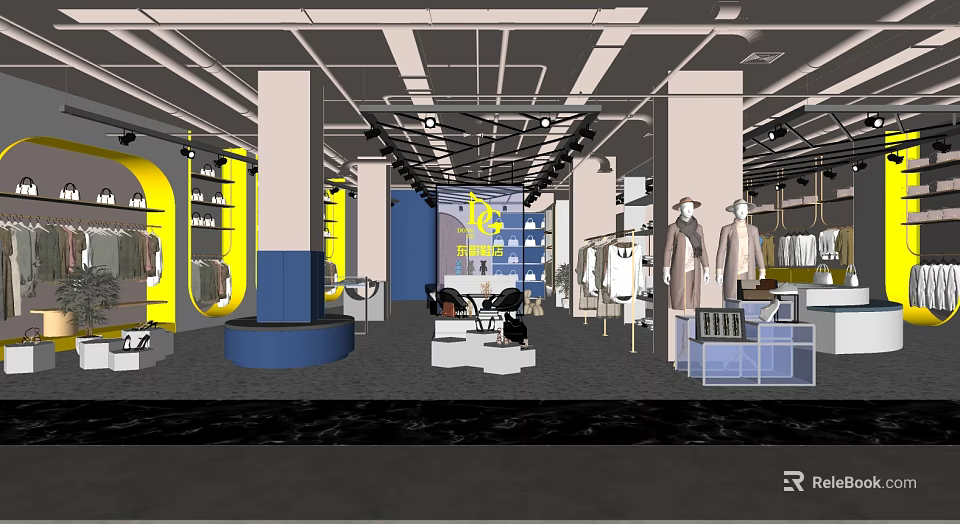 Stylish Modern Clothing Store Interior With Fashion Displays Mannequins And Shelves 3d model 