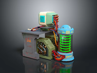 Vintage Computer Device With Gray Stand Blue Cylindrical Unit Green Coils And Colorful Wires 3d model