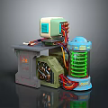 Vintage Computer Device With Gray Stand Blue Cylindrical Unit Green Coils And Colorful Wires