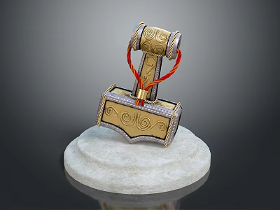 Mythical Weapon Hammer with Golden Intricate Patterns Red Rope on White Marble Base 3d model