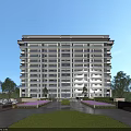 Modern High Rise Residential Building Exterior With Green Lawn Purple Flowers And Trees