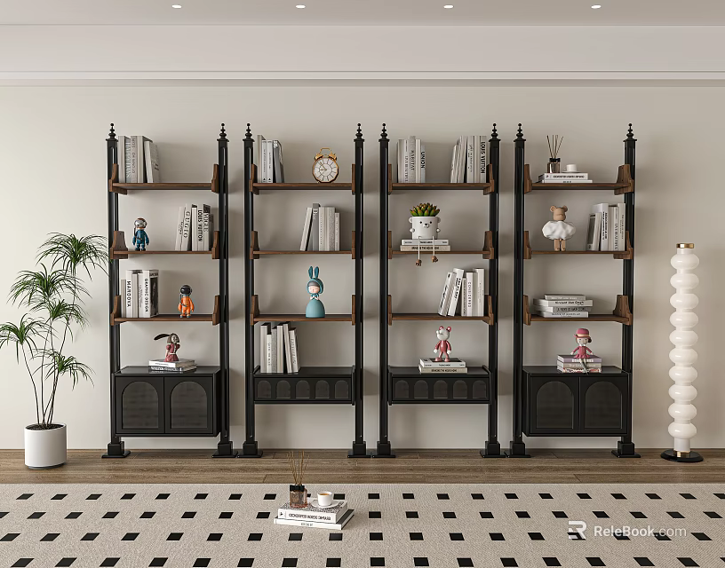 Wooden And Metal Storage Shelf Unit Holding Books And Decorative Items In Modern Living Room 3d model 