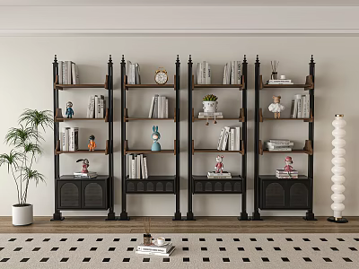 Wooden And Metal Storage Shelf Unit Holding Books And Decorative Items In Modern Living Room 3d model