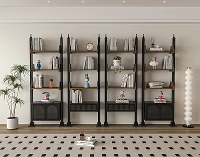 Wooden And Metal Storage Shelf Unit Holding Books And Decorative Items In Modern Living Room 3d model