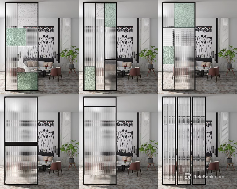 Modern Room Dividers With Glass Panels Green Accents And Vertical Stripes Design 3d model 