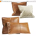 Brown Leather and Beige Woven Decorative Throw Pillows with Grid Stitch Pattern Design 3d model