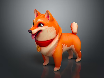 Cartoon Style Orange Shiba Inu Plush Toy with Red Collar and Golden Bell 3d model