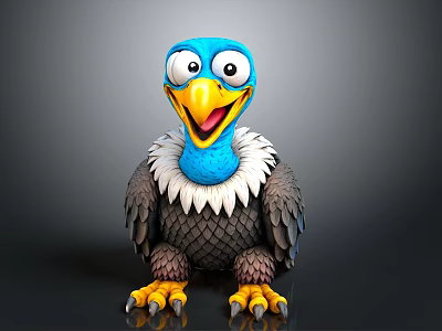 Cartoon Vulture Character With Blue Head Yellow Beak White Collar Gray Feathers And Big Eyes 3d model