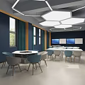 Modern School Classroom Design With Large Screens Tables And Colorful Chairs
