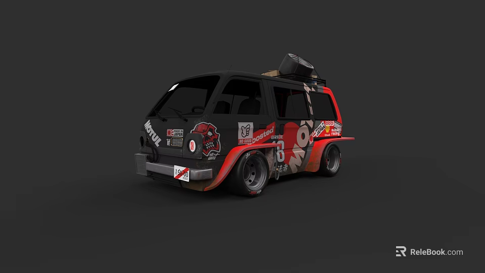 Black and Red Racing Van Featuring Stickers And Roof Mounted Equipment 3d model 