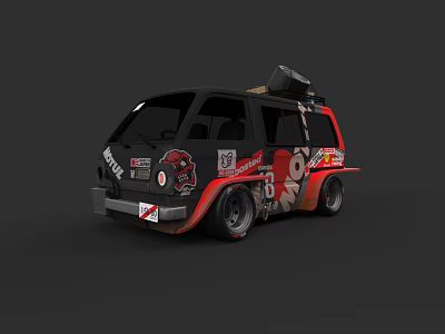 Black and Red Racing Van Featuring Stickers And Roof Mounted Equipment 3d model