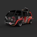 Black and Red Racing Van Featuring Stickers And Roof Mounted Equipment
