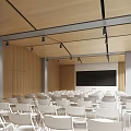 Modern Conference Room Interior With Large Windows City View Arranged Chairs And Wooden Ceiling Design