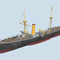 Vintage Warship With Yellow Chimney Black Hull Red Bottom Masts And Cannons