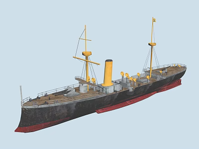 Vintage Warship With Yellow Chimney Black Hull Red Bottom Masts And Cannons 3d model Vintage Warship With Yellow Chimney Black Hull Red Bottom Masts And Cannons 3d model