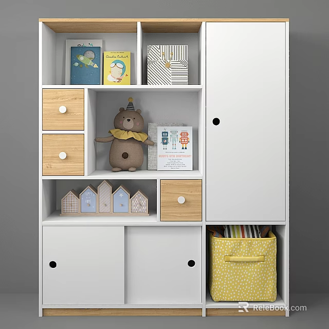 White And Wooden Wardrobe With Drawers Shelves Teddy Bear Books And Storage Basket 3d model 