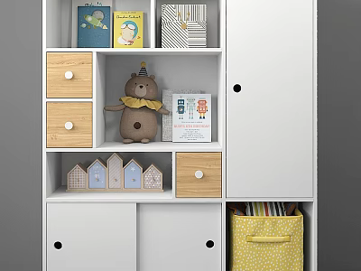 White And Wooden Wardrobe With Drawers Shelves Teddy Bear Books And Storage Basket 3d model