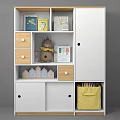 White And Wooden Wardrobe With Drawers Shelves Teddy Bear Books And Storage Basket