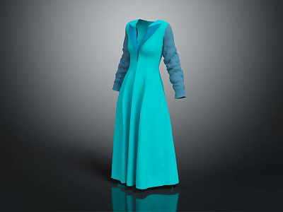 Turquoise Elegant Long Sleeve Dress With Lapel Collar And Cuffed Sleeves 3d model